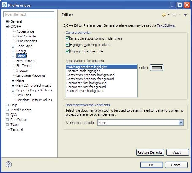 C/C++ editor; preferences